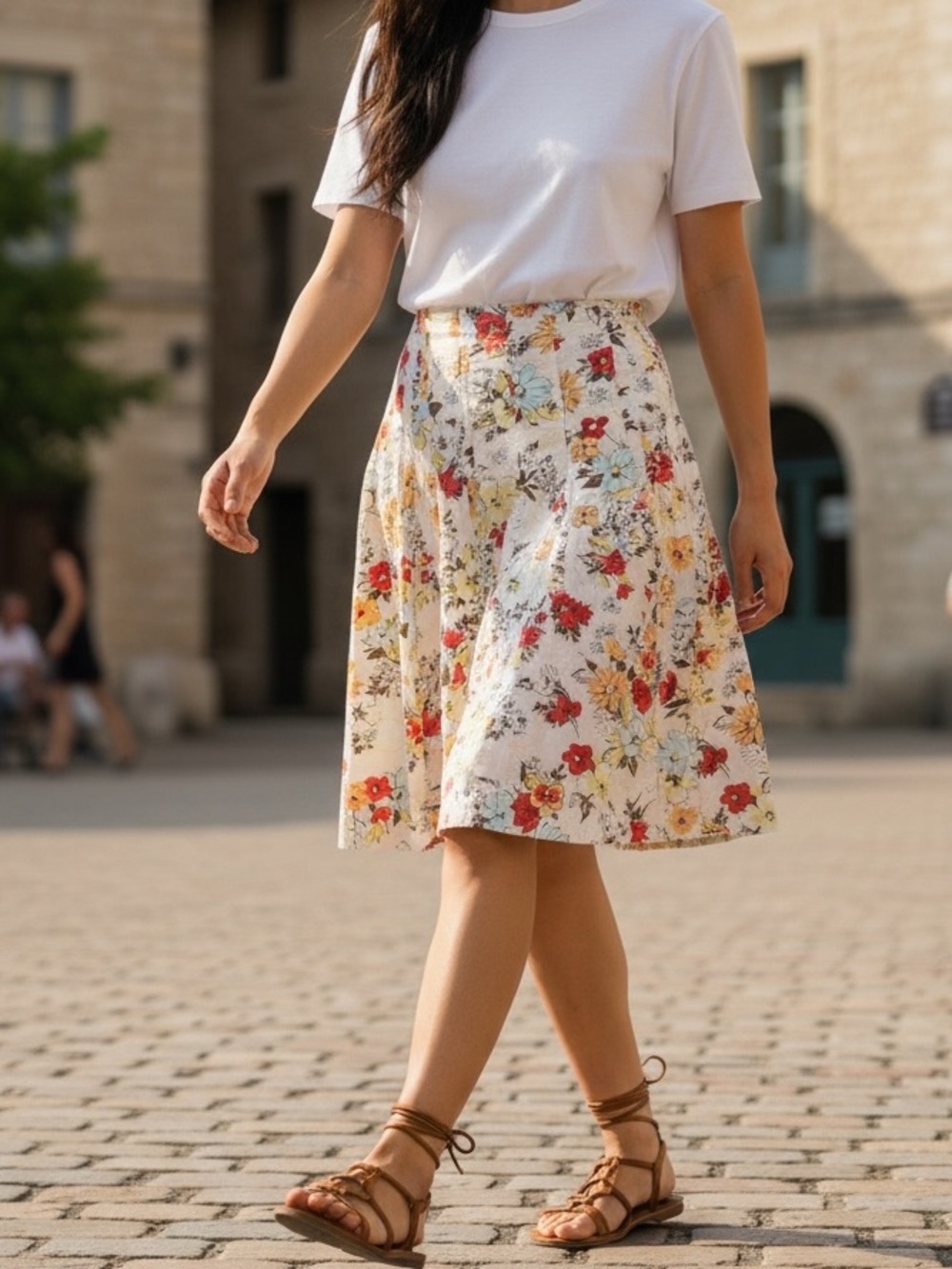 Cabi Palapa Floral Pintuck A-line Skirt Vibrant Cream With Colorful Palette Sz 8